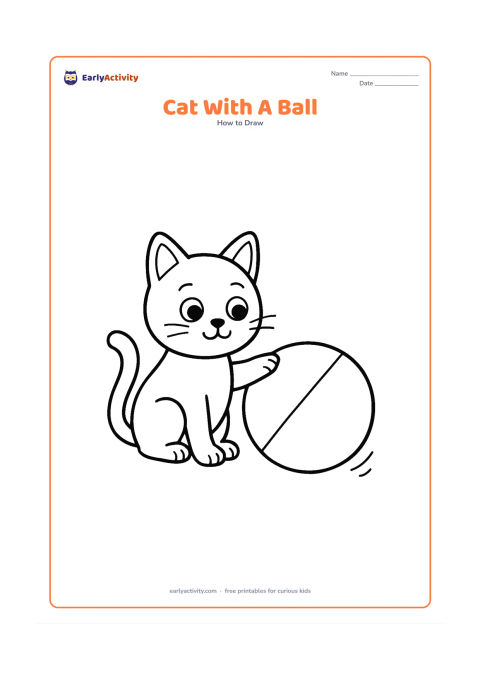 Worksheet: Draw a playful cat sitting beside a large round toy ball, with one paw touching the ball, big eyes, pointed ears, and a curved tail. Add a few simple motion curves near the ball.