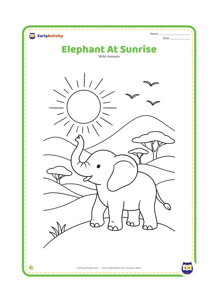 Colouring page: Draw an elephant standing on a small hill with its trunk raised toward a rising sun. Add layered hills, a few acacia-like trees and birds flying across the sky.