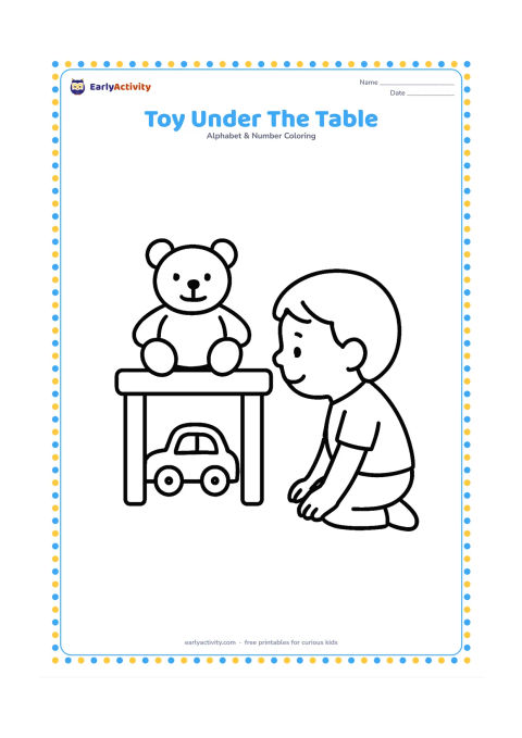 Colouring page: Draw a teddy bear and a toy car under a small table, while a child kneels beside the table looking underneath. Keep the furniture and toys large and clear.