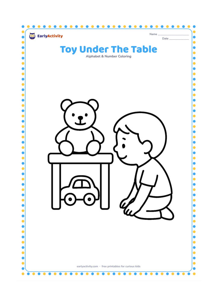 Colouring page: Draw a teddy bear and a toy car under a small table, while a child kneels beside the table looking underneath. Keep the furniture and toys large and clear.