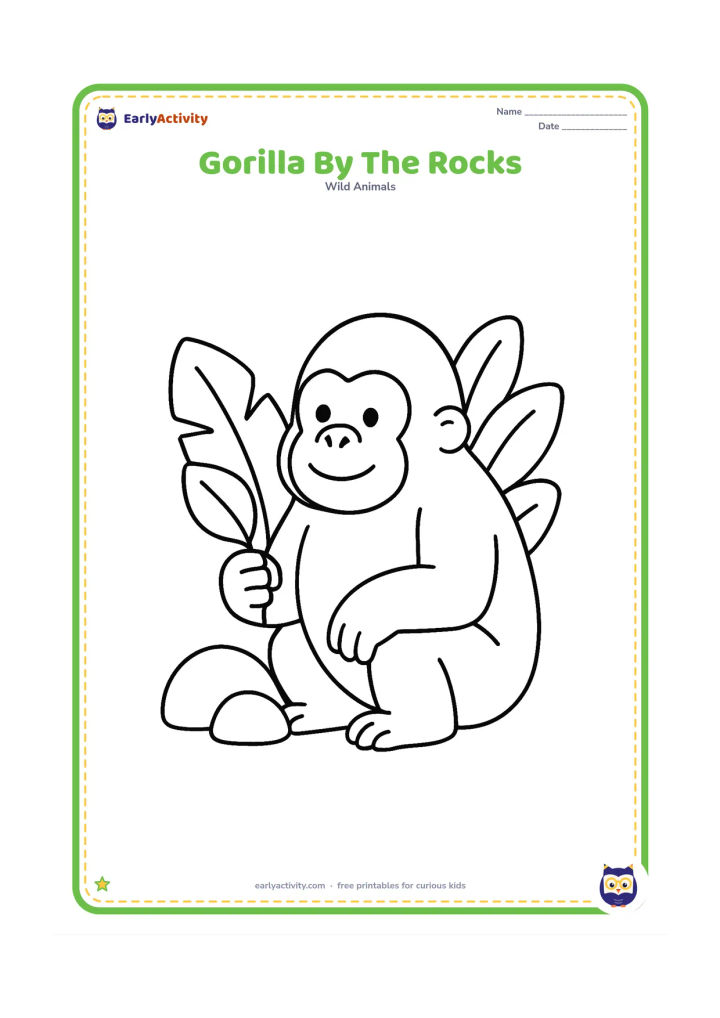 Colouring page: A gentle gorilla sits beside two rounded rocks, holding a broad leaf in one hand. Add a few large leafy plants behind its shoulders.