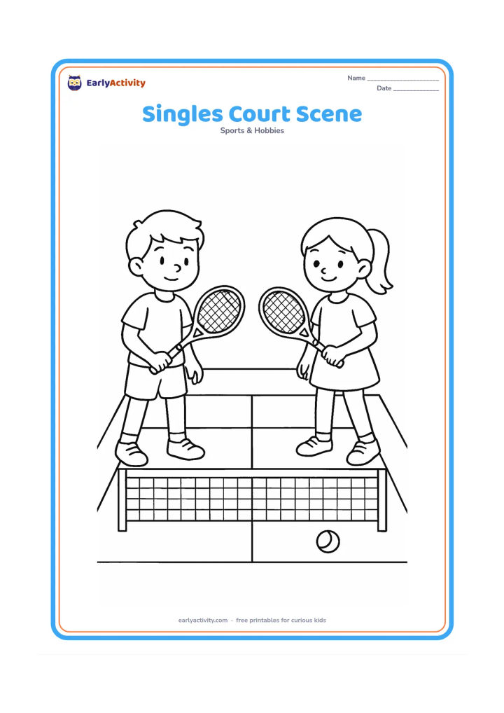 Colouring page: One child stands ready on each side of a tennis net in a singles court, with the singles sidelines, service boxes, centre line, and one ball clearly visible.
