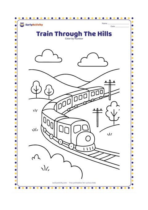 Colouring page: Draw a passenger train curving through green hills with a small bridge, telegraph poles, and a few trees. Show smoke-free train carriages with open windows and rounded fronts.