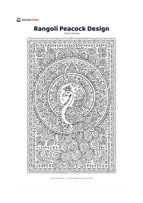 Colouring page: Draw a large floor rangoli with a central peacock surrounded by concentric floral, leaf, paisley and teardrop motifs. Add small symmetrical dot clusters and curved border bands, with no…