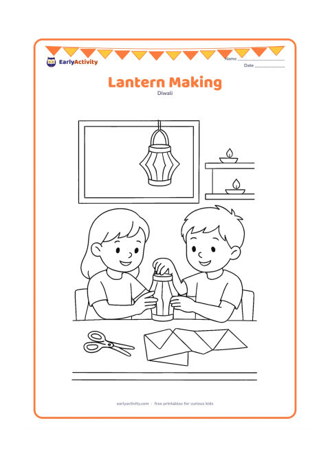Colouring page: Two children make a paper lantern together at a classroom table, with scissors set safely aside, folded paper panels and a finished lantern hanging above them. Add a teacher's empty…