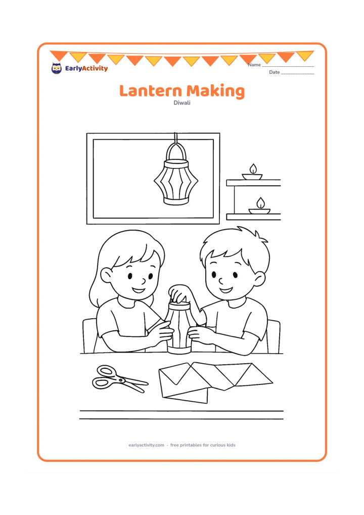 Colouring page: Two children make a paper lantern together at a classroom table, with scissors set safely aside, folded paper panels and a finished lantern hanging above them. Add a teacher's empty…