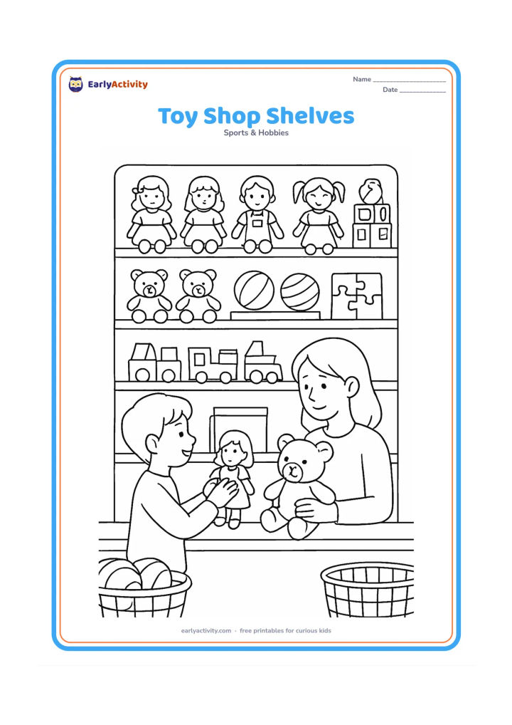 Colouring page: Inside a toy shop, show several shelves filled with dolls, teddy bears, balls, puzzles, blocks, toy cars and trains, while a child compares two toys with an adult. Include baskets and a…