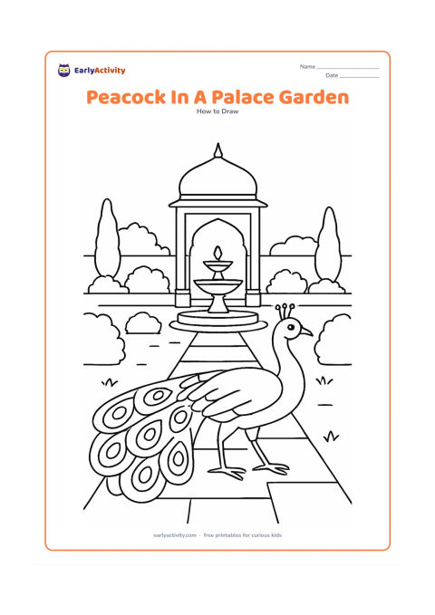 Worksheet: A peacock walks through a formal Indian palace garden with a domed arch, balanced shrubs, stone paving and a fountain in the background. Its tail is partly open and overlaps the garden path.