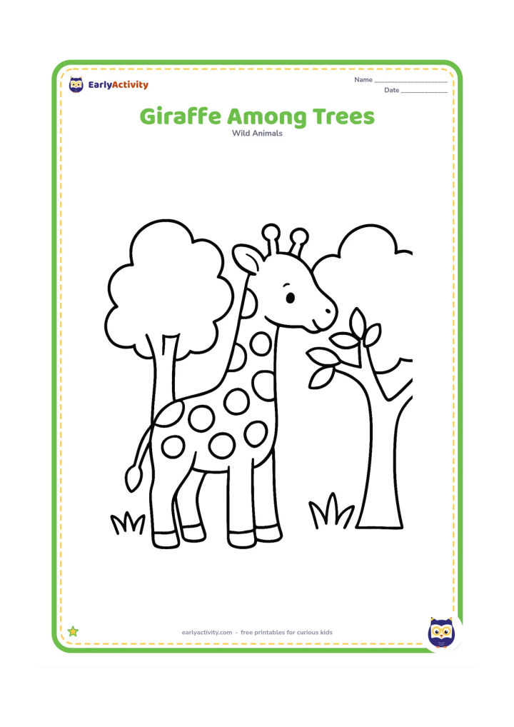 Colouring page: A young giraffe stands calmly between two trees, reaching toward a low leafy branch. Show its long neck, simple patches, and a few grass tufts.