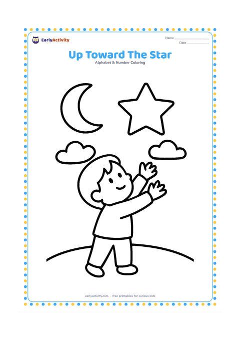 Colouring page: Draw a child stretching both arms up toward a large star in the night sky, with a crescent moon, two clouds and a low hill. Keep the action easy to read.
