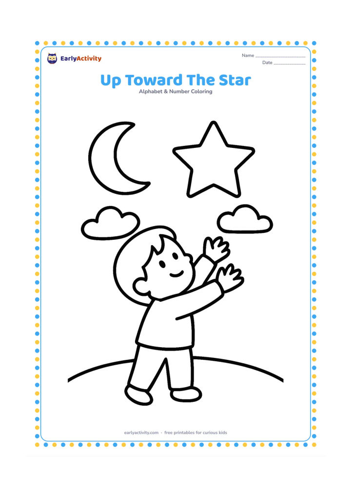 Colouring page: Draw a child stretching both arms up toward a large star in the night sky, with a crescent moon, two clouds and a low hill. Keep the action easy to read.
