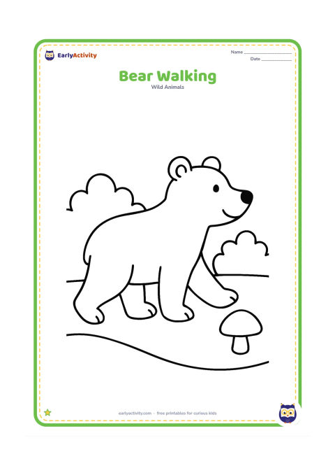 Colouring page: A bear walks from left to right along a simple forest path, passing two rounded bushes and one mushroom.