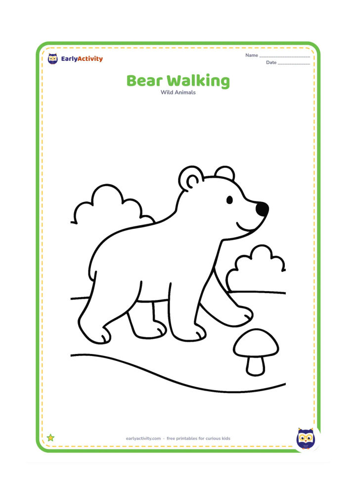 Colouring page: A bear walks from left to right along a simple forest path, passing two rounded bushes and one mushroom.