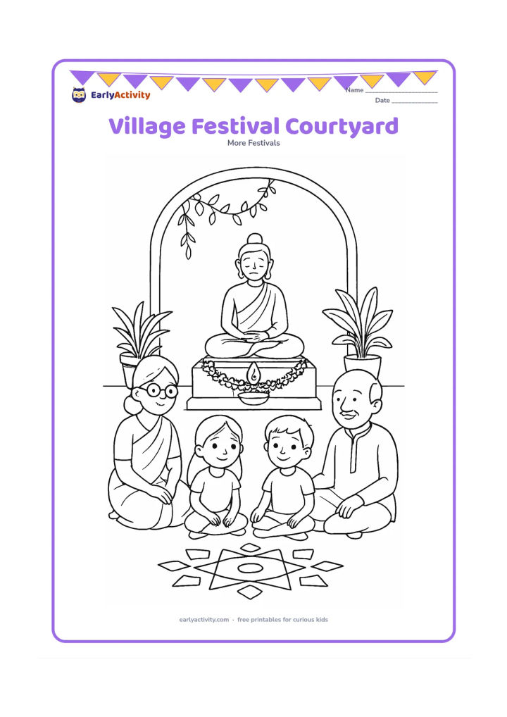 Colouring page: Children and grandparents sit peacefully in an Indian courtyard near a flower-decorated platform holding a Buddha statue and an oil lamp. Include a doorway, potted plants and a simple…