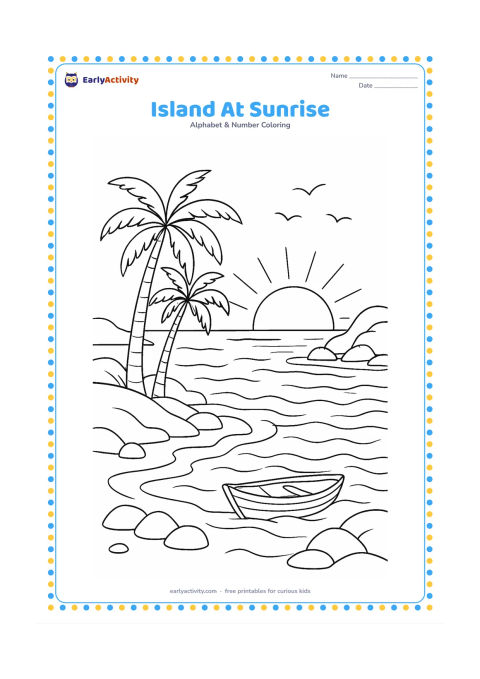 Colouring page: Draw a detailed island coastline at sunrise, with palm trees, rocks, a small boat, distant birds, layered waves, and a low sun reflected on the water. Keep the sky free of writing.