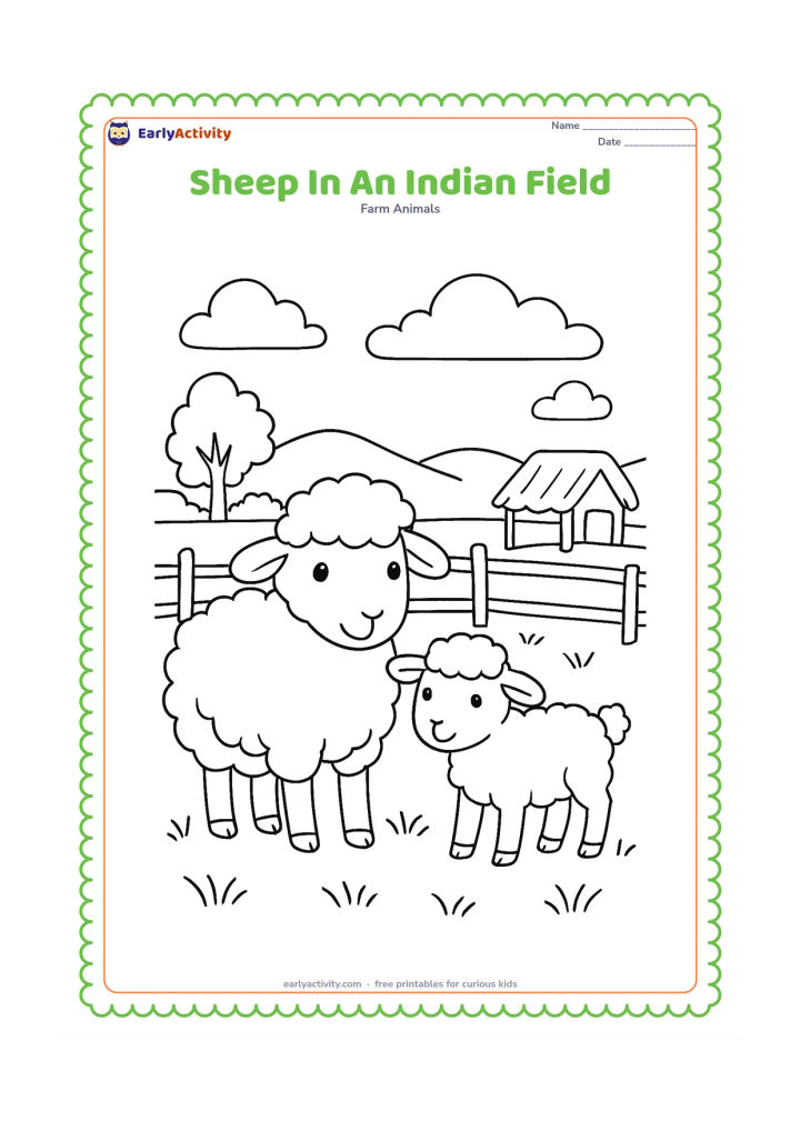 Colouring page: A sheep and lamb stand in a grassy Indian countryside field beside a simple woven fence, with a small thatched shelter, distant trees and a broad sky. Keep the animals as the main focus.