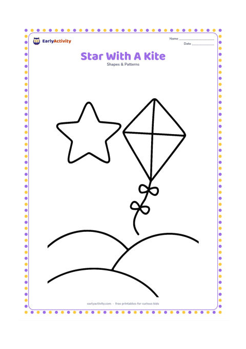 Colouring page: A large five-point star floats beside a simple diamond-shaped kite with a long curved tail, above two rounded hills.