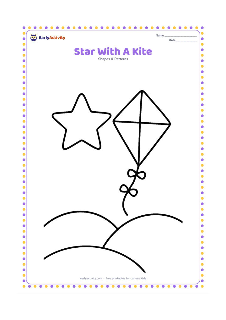 Colouring page: A large five-point star floats beside a simple diamond-shaped kite with a long curved tail, above two rounded hills.