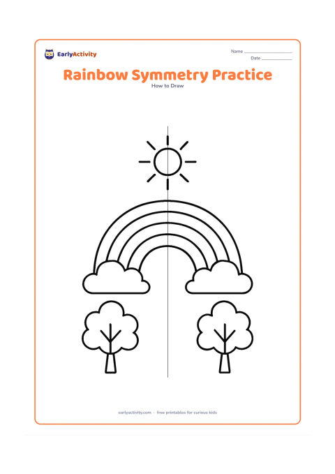 Worksheet: Show a centred rainbow with matching cloud shapes on both sides, a sun directly above the centre and balanced trees on the left and right. Add a vertical centre guide through the rainbow…