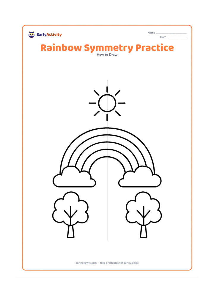 Worksheet: Show a centred rainbow with matching cloud shapes on both sides, a sun directly above the centre and balanced trees on the left and right. Add a vertical centre guide through the rainbow…