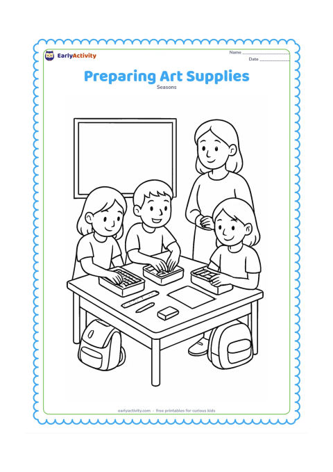 Colouring page: Children at a classroom table sort pencils, crayons, erasers, rulers and paper into shared pencil boxes before a lesson. A teacher supervises beside a blank board, with bags stored…