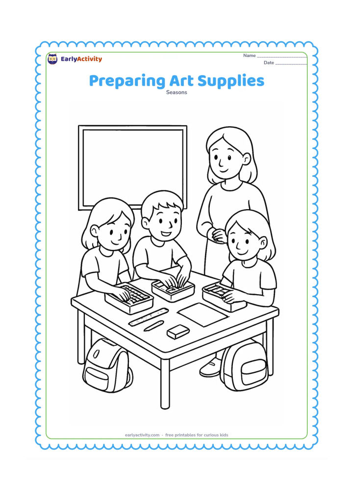 Colouring page: Children at a classroom table sort pencils, crayons, erasers, rulers and paper into shared pencil boxes before a lesson. A teacher supervises beside a blank board, with bags stored…