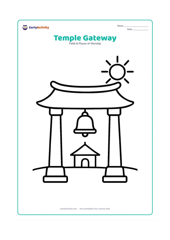 Colouring page: A large open temple gateway with two sturdy pillars, a simple curved roof and one bell hanging in the centre. Show a small temple building and a sun behind the gateway.