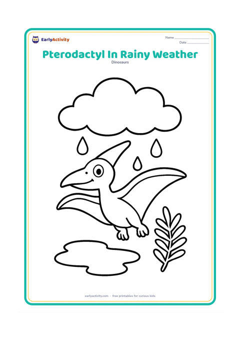 Colouring page: Draw a pterodactyl flying under a large cloud with a few widely spaced raindrops, a puddle below and one broad fern beside the puddle.