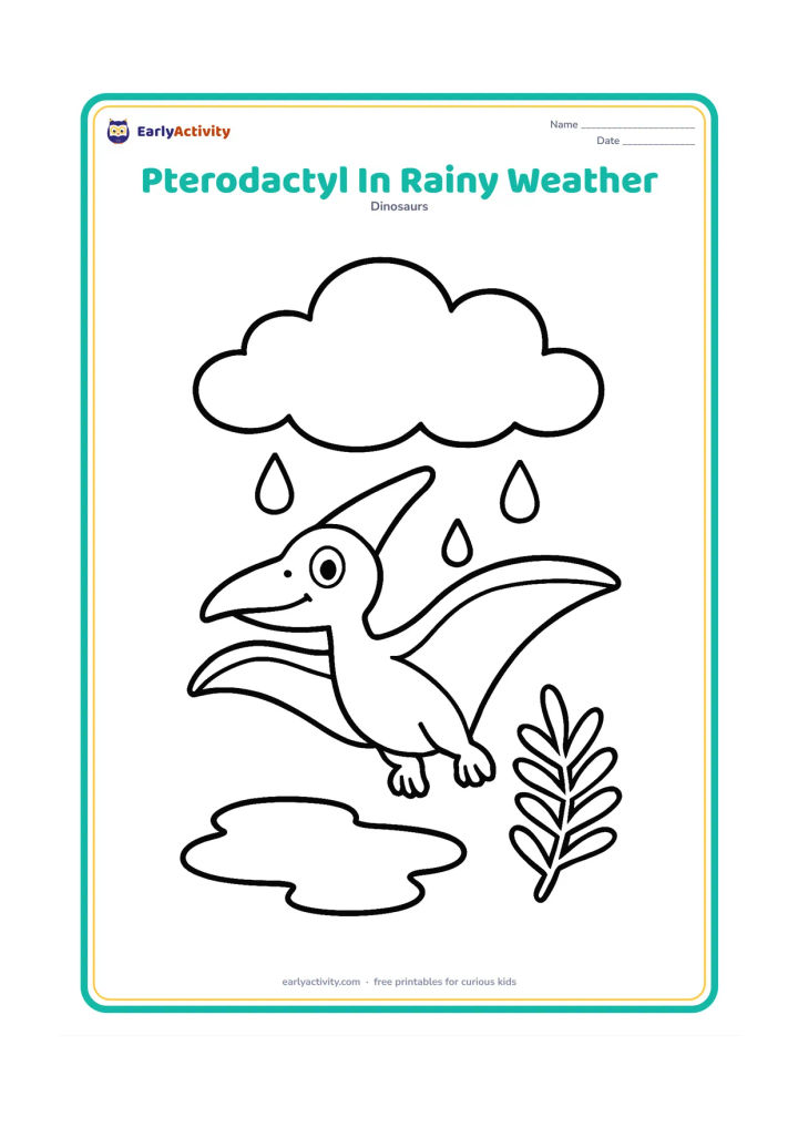 Colouring page: Draw a pterodactyl flying under a large cloud with a few widely spaced raindrops, a puddle below and one broad fern beside the puddle.