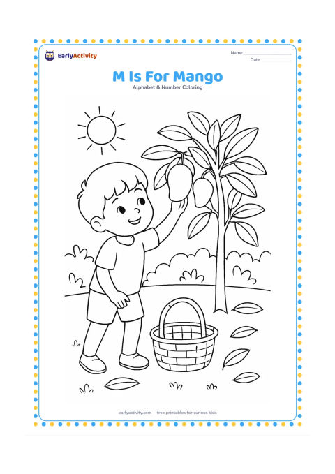 Colouring page: Draw a child picking a mango from a low mango tree, with a woven basket on the ground and a few fallen leaves. Set the scene in a sunny Indian garden.