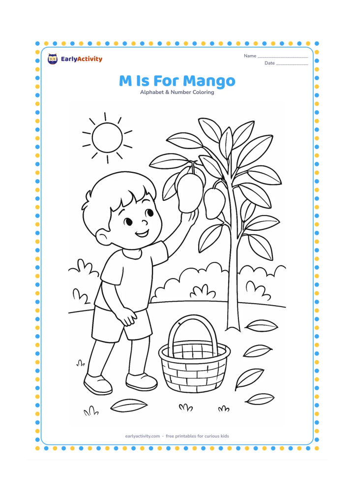 Colouring page: Draw a child picking a mango from a low mango tree, with a woven basket on the ground and a few fallen leaves. Set the scene in a sunny Indian garden.