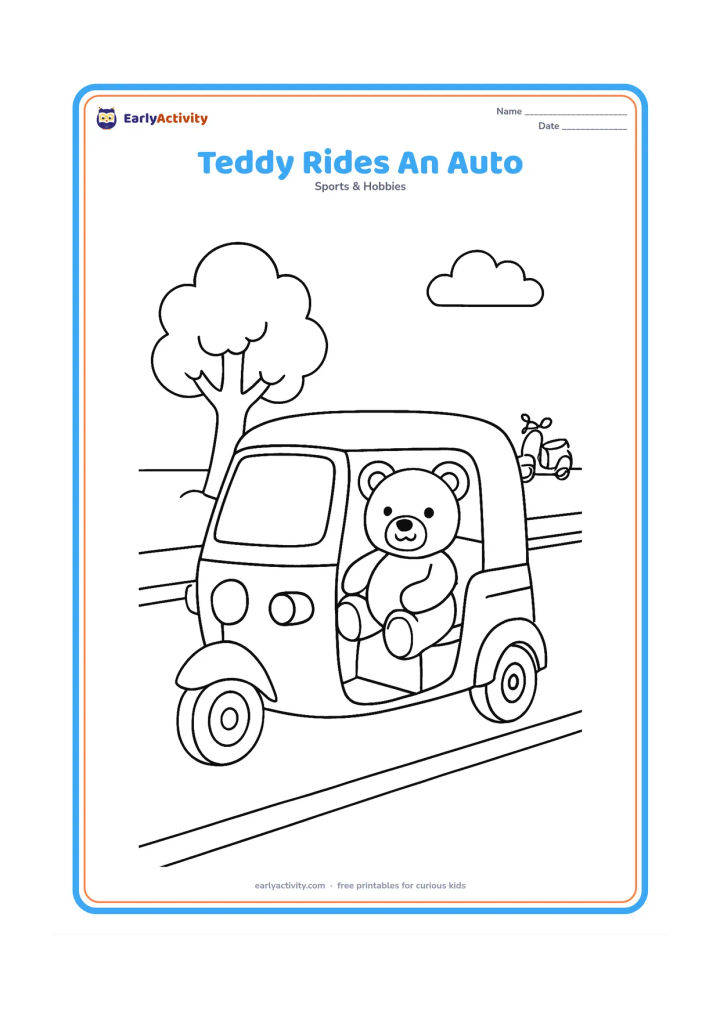 Colouring page: A teddy bear sits safely inside a friendly three-wheeled auto-rickshaw parked beside a simple Indian street scene with a tree, a curb and a distant scooter. Do not include signs, writing…
