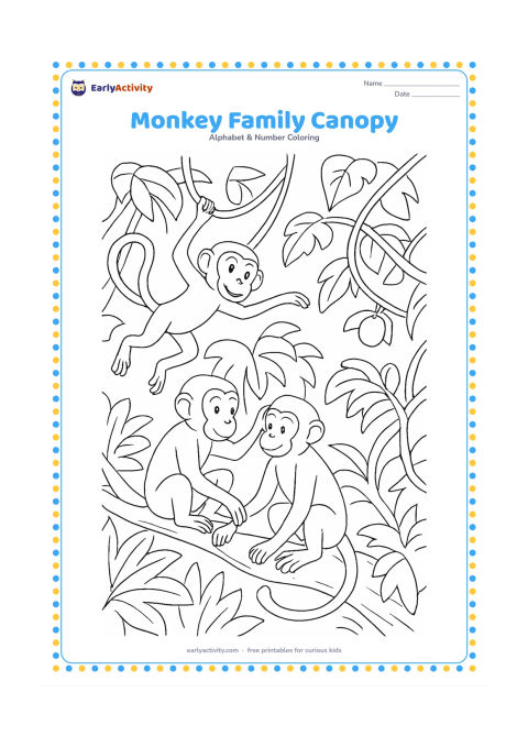 Colouring page: Draw three friendly monkeys moving through a leafy forest canopy: one swinging, one grooming another and one reaching for fruit. Include overlapping branches, vines, tropical leaves and…