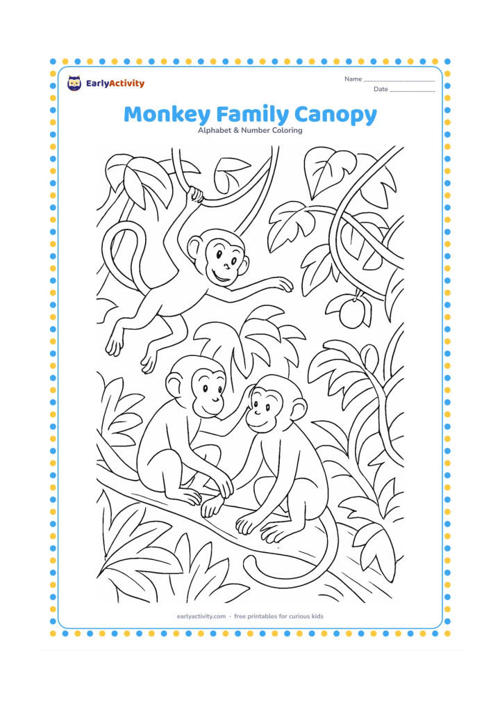 Colouring page: Draw three friendly monkeys moving through a leafy forest canopy: one swinging, one grooming another and one reaching for fruit. Include overlapping branches, vines, tropical leaves and…