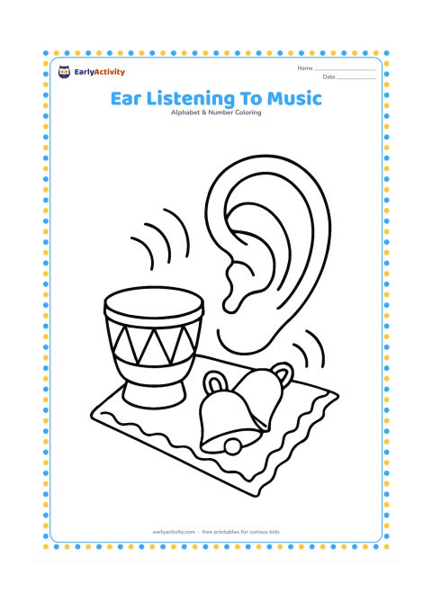 Colouring page: Draw a large ear beside a small hand drum and a pair of simple bells, with curved sound lines floating between them. Add a rug underneath the objects.