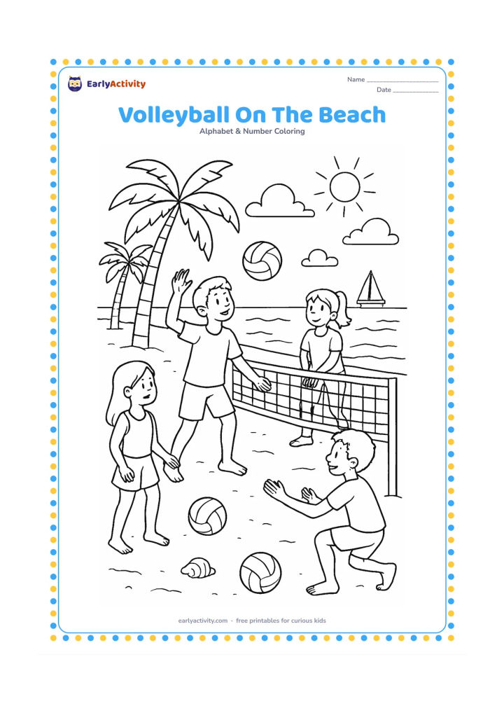 Colouring page: Draw four children playing volleyball on a beach, with one child serving, a low net, two spare balls, seashells, palm trees, and gentle waves. Show a bright seaside sky with distant boats.