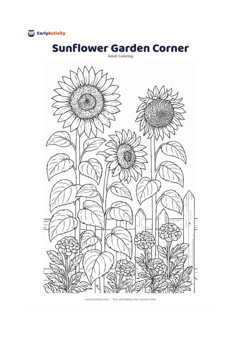 Colouring page: Show three tall sunflowers at different stages beside smaller marigolds, broad leaves, and a wooden garden fence. Include one open bloom, one side-facing bloom, and one drooping…