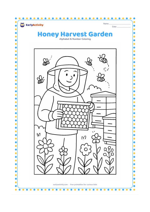 Colouring page: A beekeeper in a plain protective hat and veil holds a honey frame beside several beehives, flowering plants, and visiting bees. The hives, clothing, and frame must have no labels,…