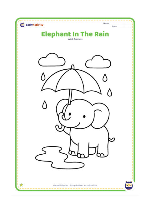 Colouring page: Draw one elephant standing happily under a large umbrella held by its raised trunk. Add a few large raindrops, a puddle and two simple clouds.