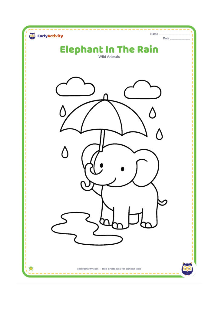 Colouring page: Draw one elephant standing happily under a large umbrella held by its raised trunk. Add a few large raindrops, a puddle and two simple clouds.