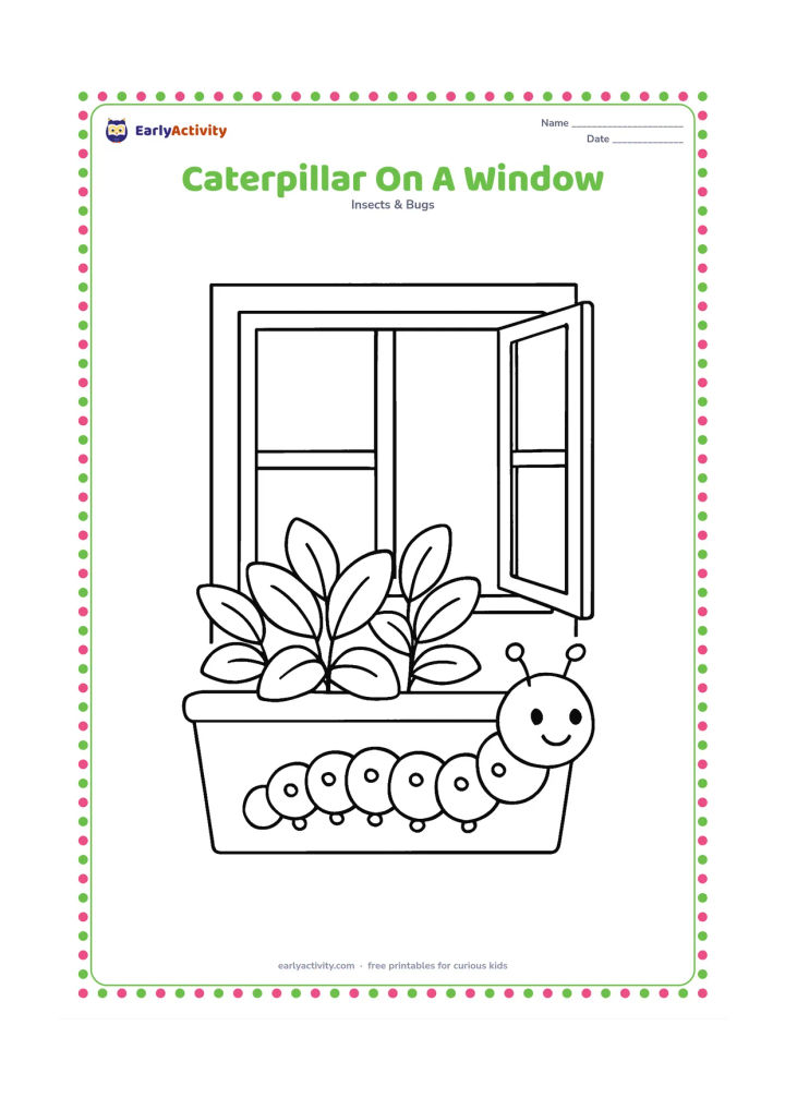Colouring page: Draw a caterpillar crawling along the outside edge of a simple window box filled with leafy plants. Show a child's open window in the background without including a person or any text.