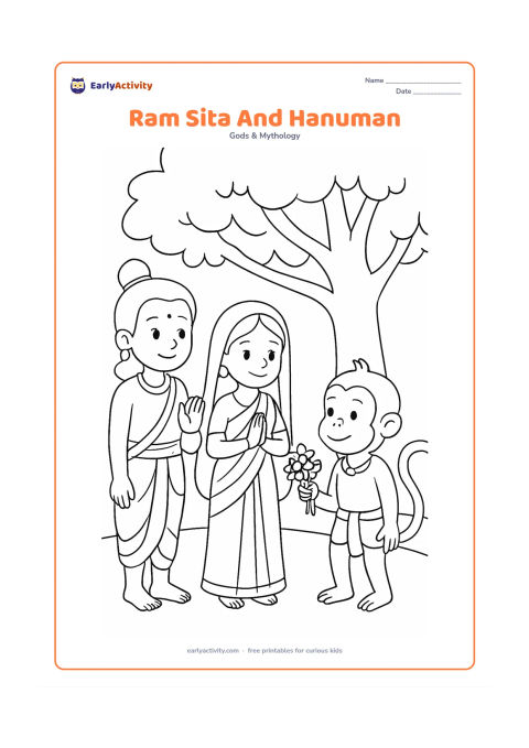 Colouring page: Ram and Sita greet Hanuman beneath a tree, with Hanuman holding a small bunch of flowers and a simple hill behind them.