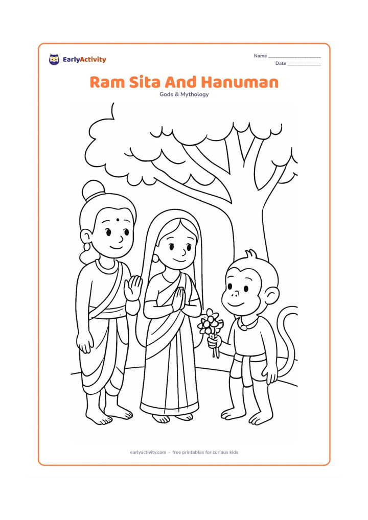 Colouring page: Ram and Sita greet Hanuman beneath a tree, with Hanuman holding a small bunch of flowers and a simple hill behind them.
