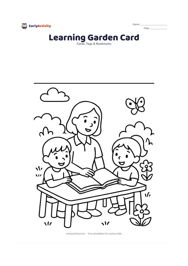 Worksheet: A teacher and two children sit at a small outdoor table in a school garden, looking at a large open book beside flowering plants and a butterfly. Leave a generous blank panel across the…