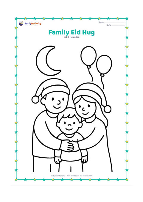 Colouring page: Two adults and one child stand together in a warm family hug, wearing simple festive clothing. Add a large crescent decoration and two balloons in the background.