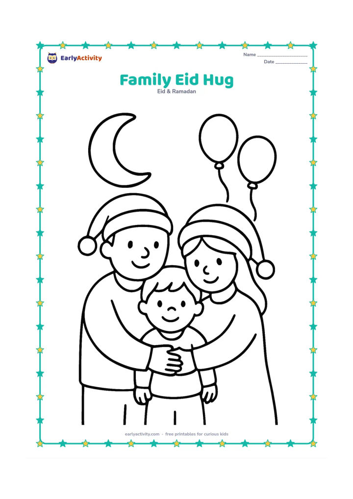 Colouring page: Two adults and one child stand together in a warm family hug, wearing simple festive clothing. Add a large crescent decoration and two balloons in the background.