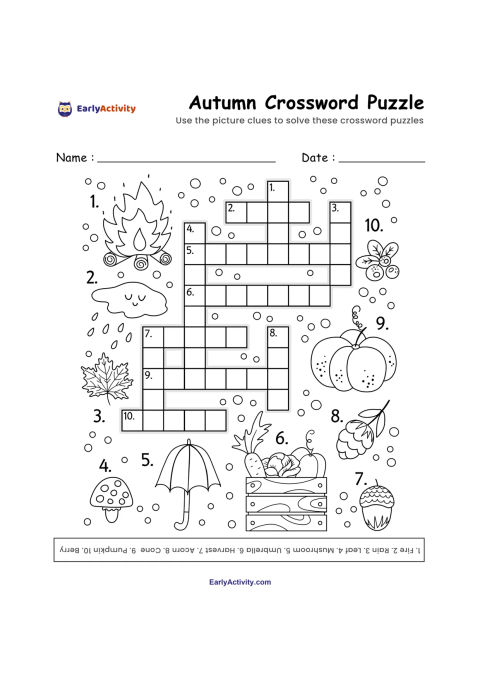Crossword worksheet with a numbered grid surrounded by autumn pictures, including a campfire, cloud, leaves, mushroom, umbrella, basket, pumpkins and fruit.