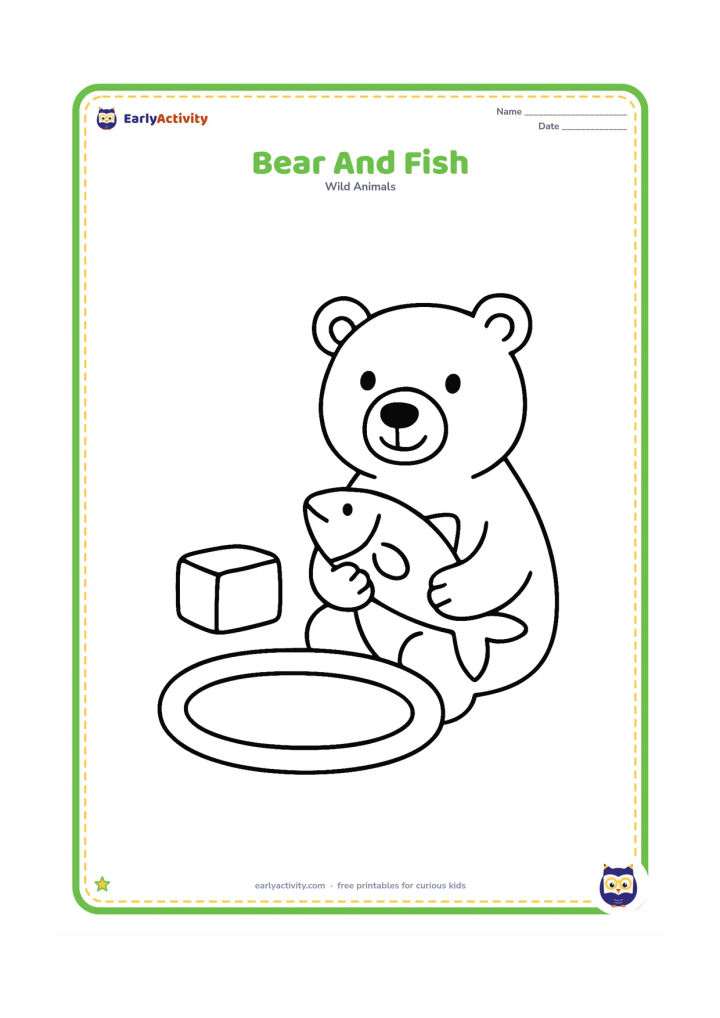 Colouring page: A polar bear sits beside a small oval pool and holds one large fish in its paws, with a single ice block beside the pool.