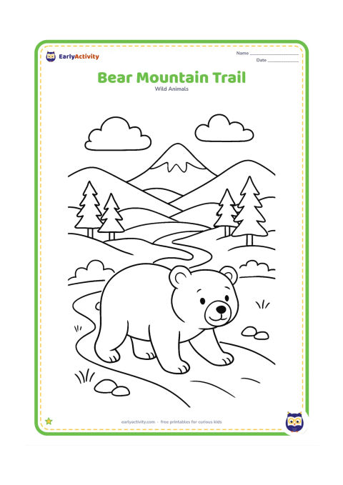 Colouring page: A bear walks along a mountain trail with layered hills, pine trees, a small stream, clouds, and a distant snowcapped peak.