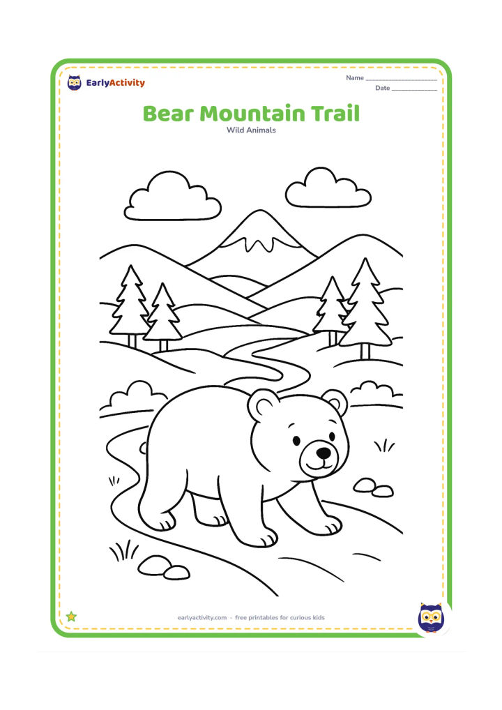 Colouring page: A bear walks along a mountain trail with layered hills, pine trees, a small stream, clouds, and a distant snowcapped peak.
